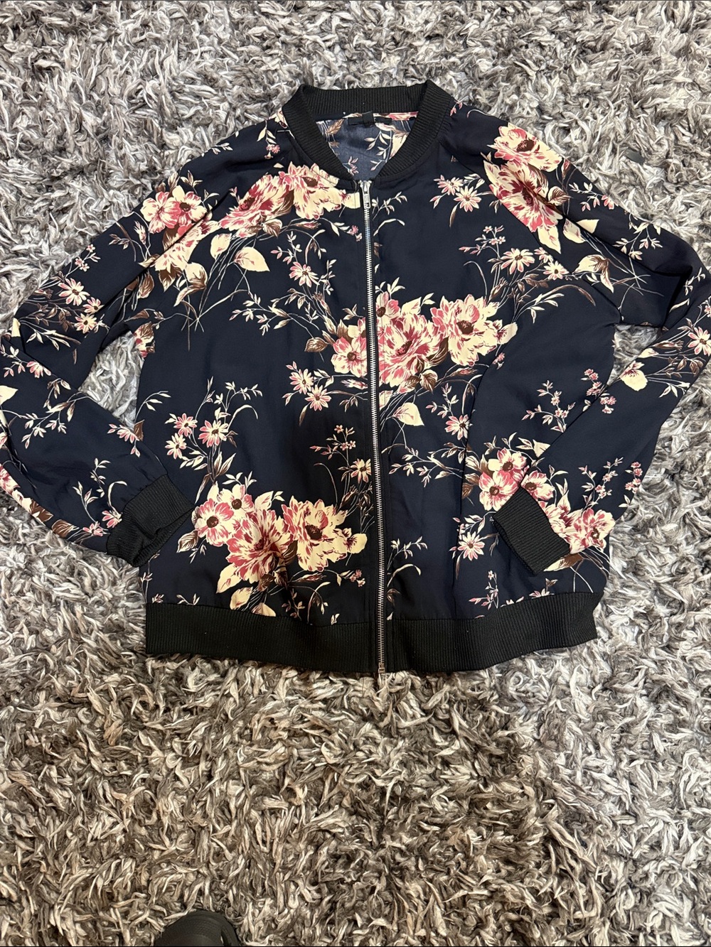 Women's Floral lightweight Bomber style zipper Jacket - Navy with Pink Floral